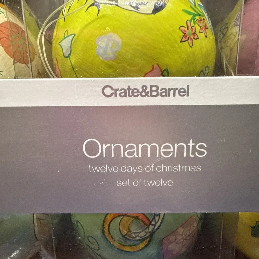 CRATE & BARREL Twelve Days of Christmas Ornament Box Set Paper Mache Folk Art